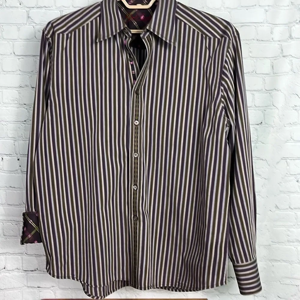 Robert Graham Shirt Mens Large Purple Green Striped Cotton Long Sleeve